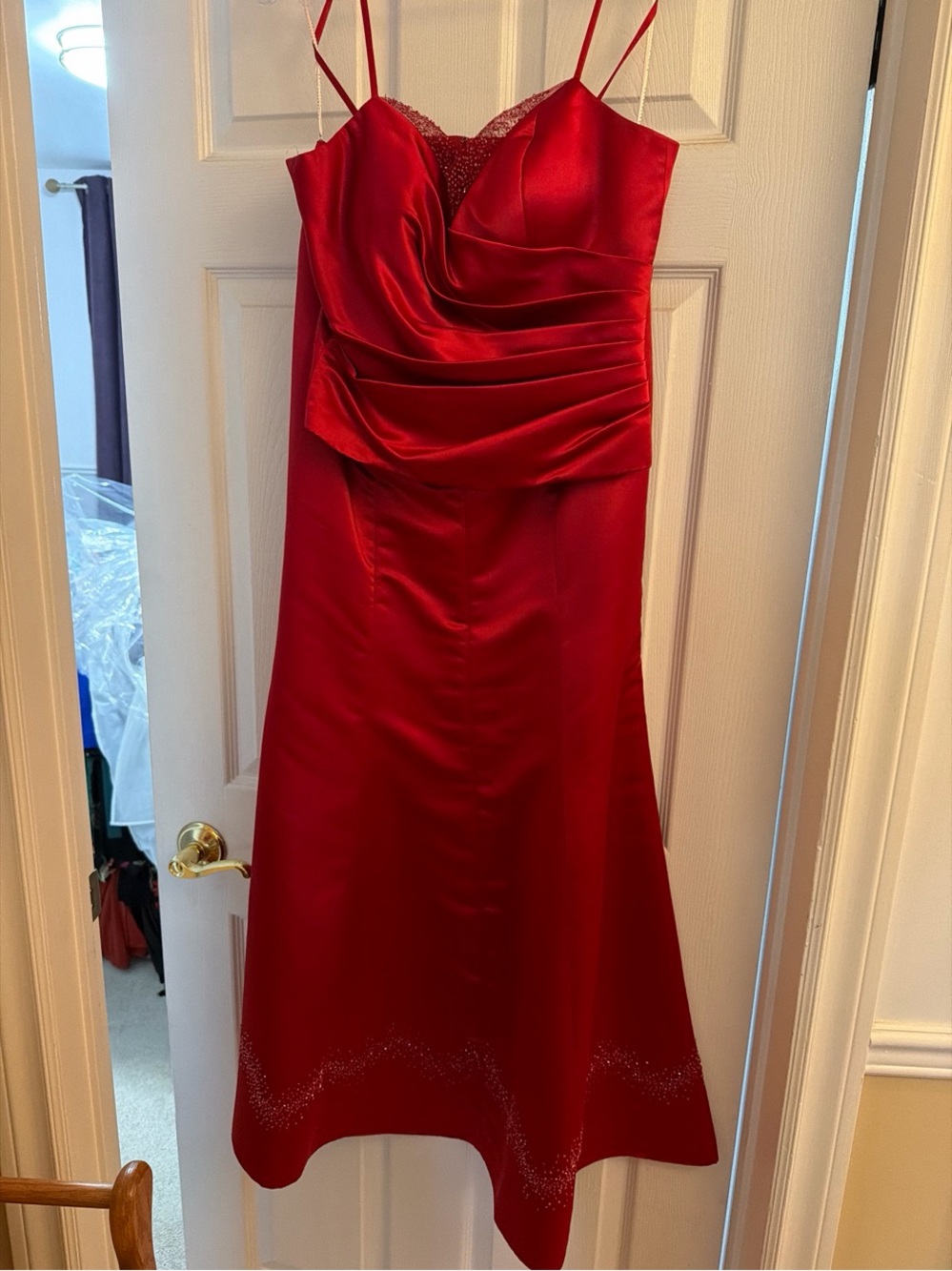 Jora Collection, red satin, size S — ruched bodice dress